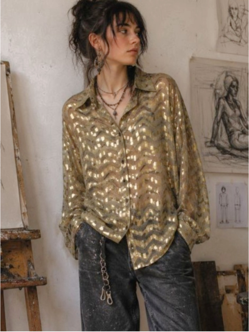 Vintage Chagall Art to Wear Gold Metallic Sheer Blouse Sz 20 90s Whimsigoth